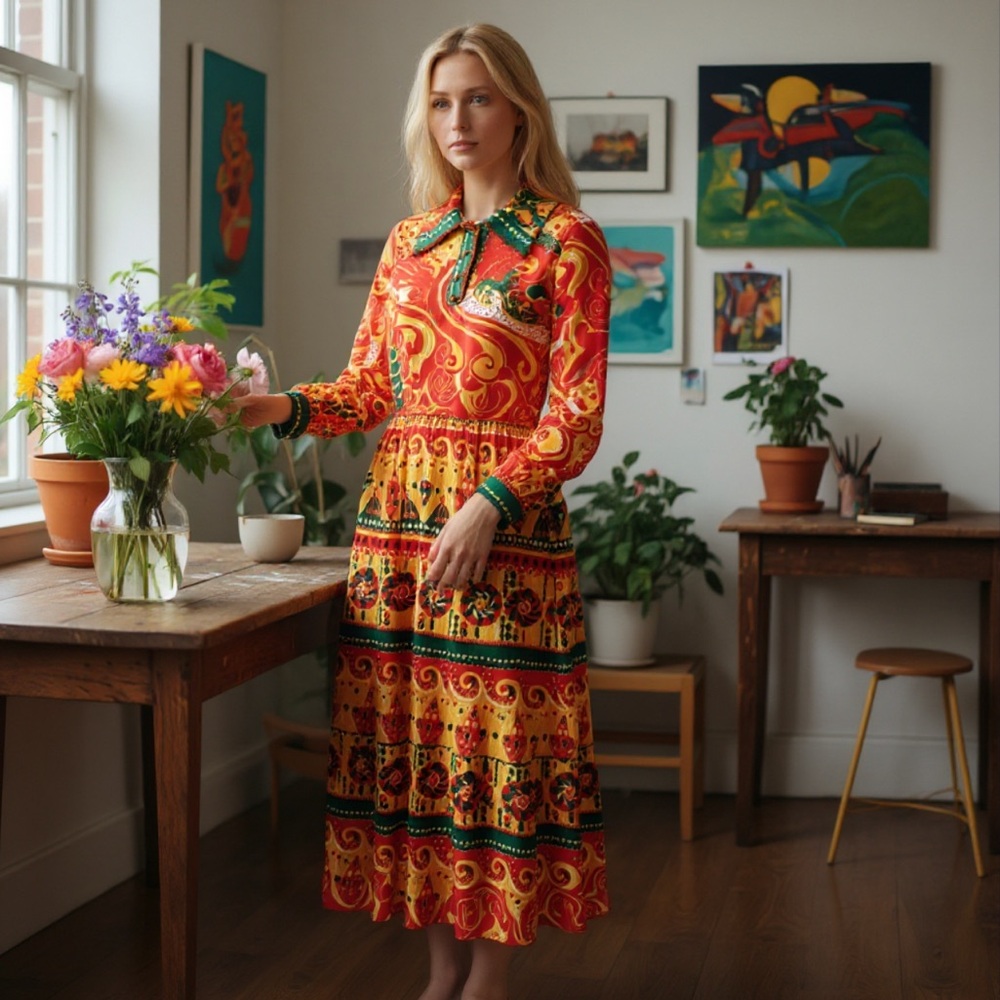 Vintage Oscar de la Renta boutique Multicolor Long Sleeve satin Dress Sz 10